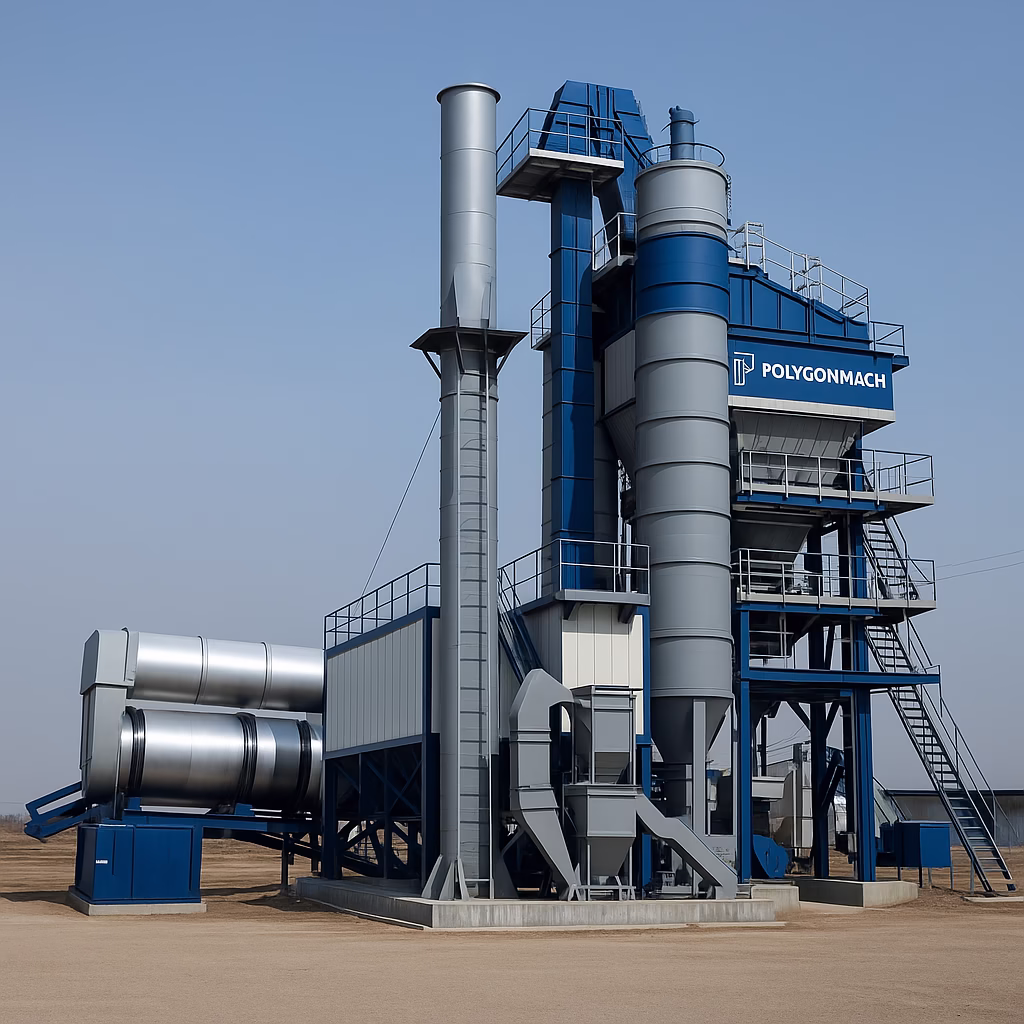 Polygonmachine asphalt plant with silos, drum mixer, and tower unit in an open construction area