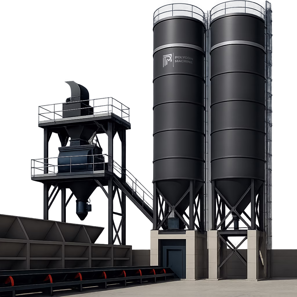 Stationary concrete batching plant with double cement silos and aggregate feeding system