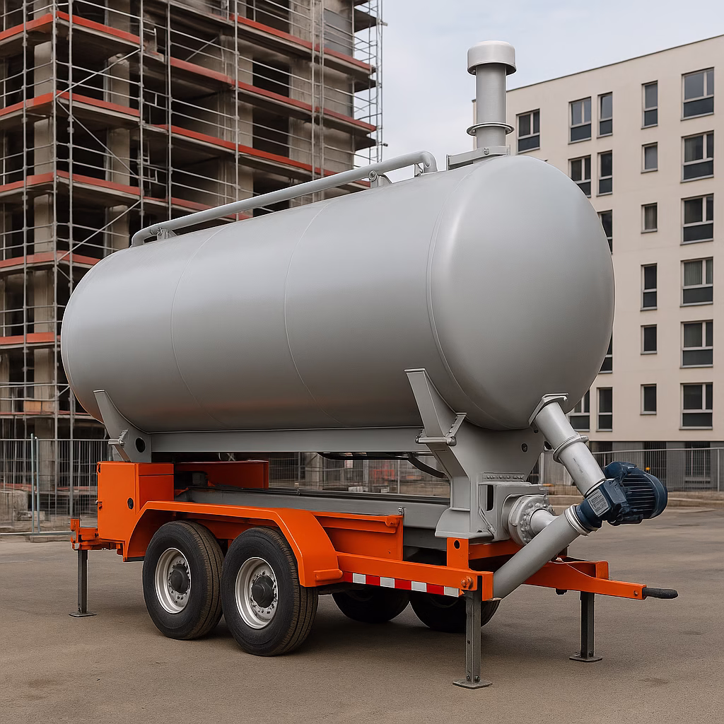 Gray mobile cement silo on a trailer at an urban construction site in Europe.
